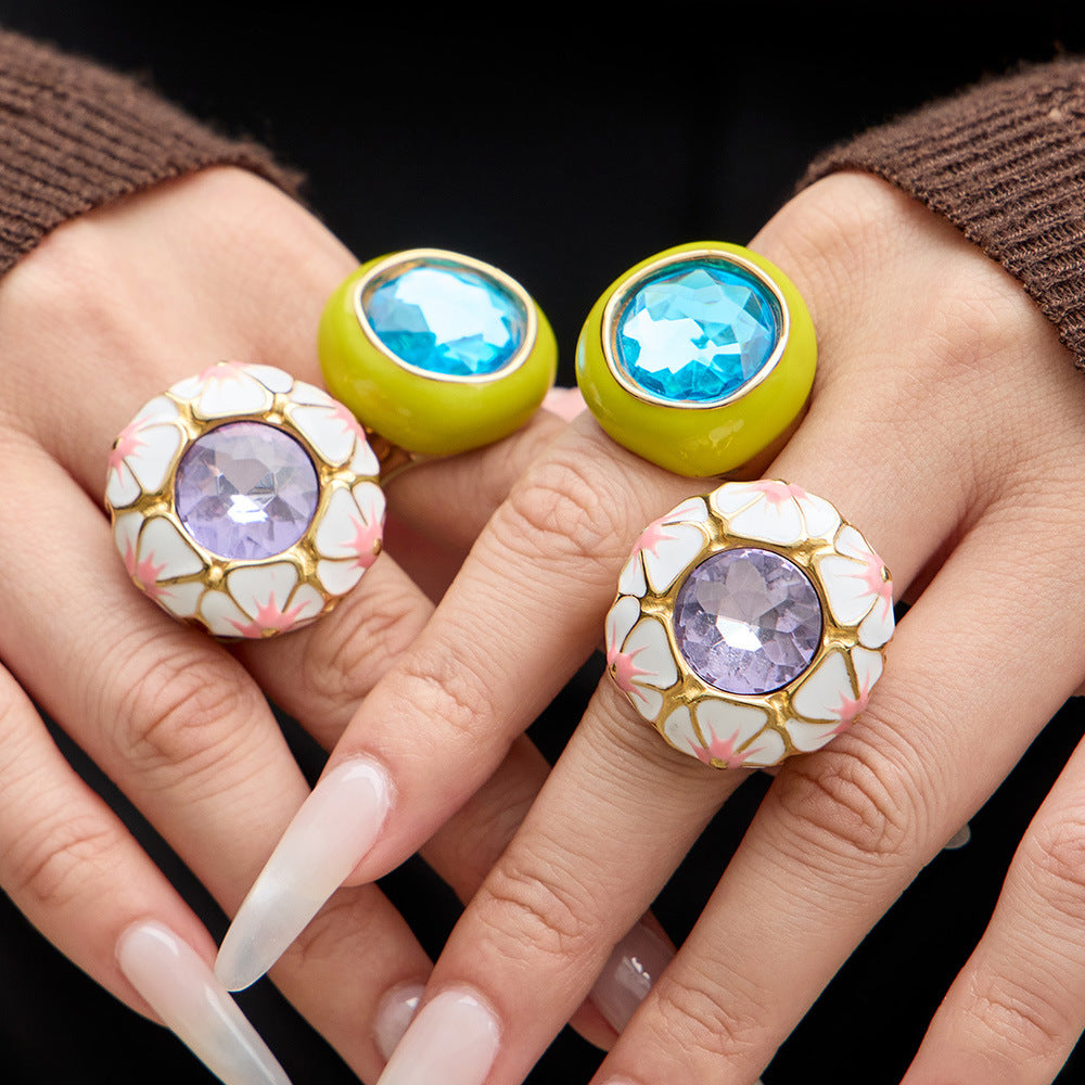 European American Vintage Enamel Flower Ring for Women 18K Gold Plated Stainless Steel CZ Stone  Party Gift