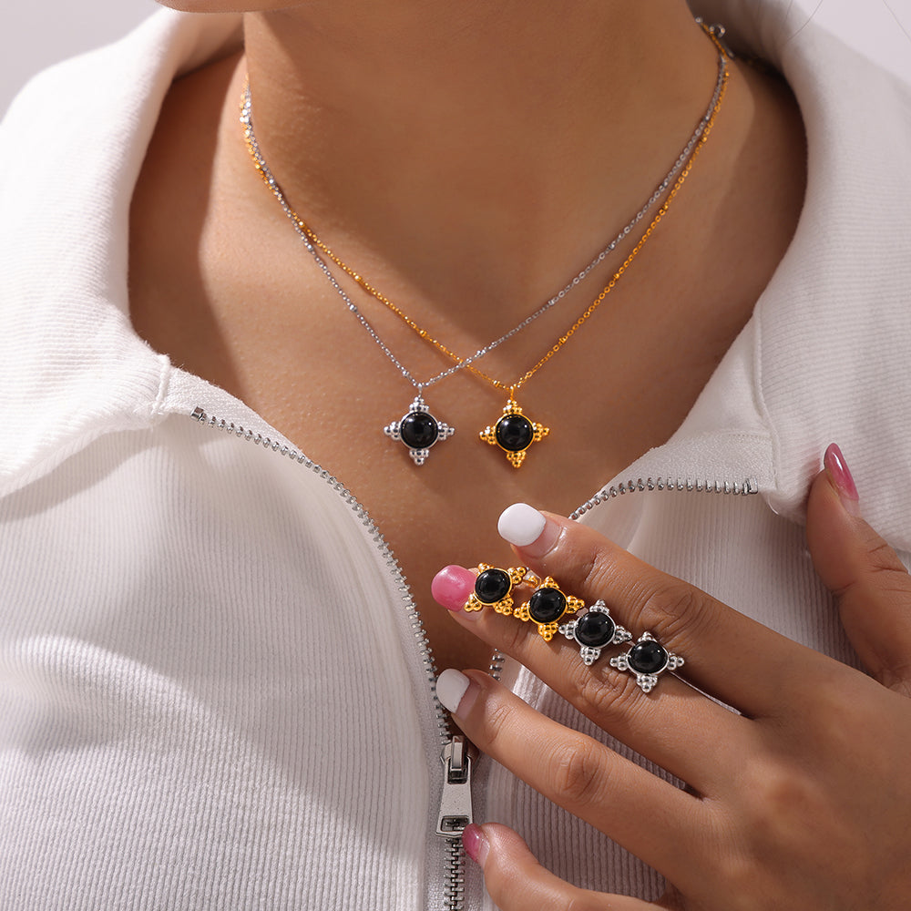 Vintage Personality Beaded Chain Jewelry Lace Round Brand Inlaid with Agate Design Sense Stainless Steel Jewelry Set