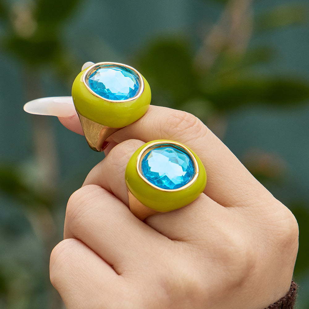 European American Vintage Enamel Flower Ring for Women 18K Gold Plated Stainless Steel CZ Stone  Party Gift