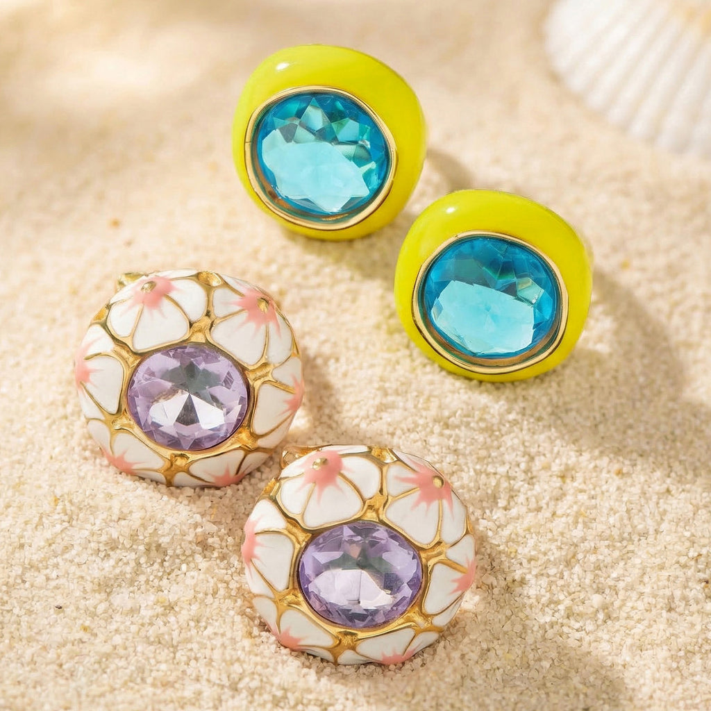 European American Vintage Enamel Flower Ring for Women 18K Gold Plated Stainless Steel CZ Stone  Party Gift
