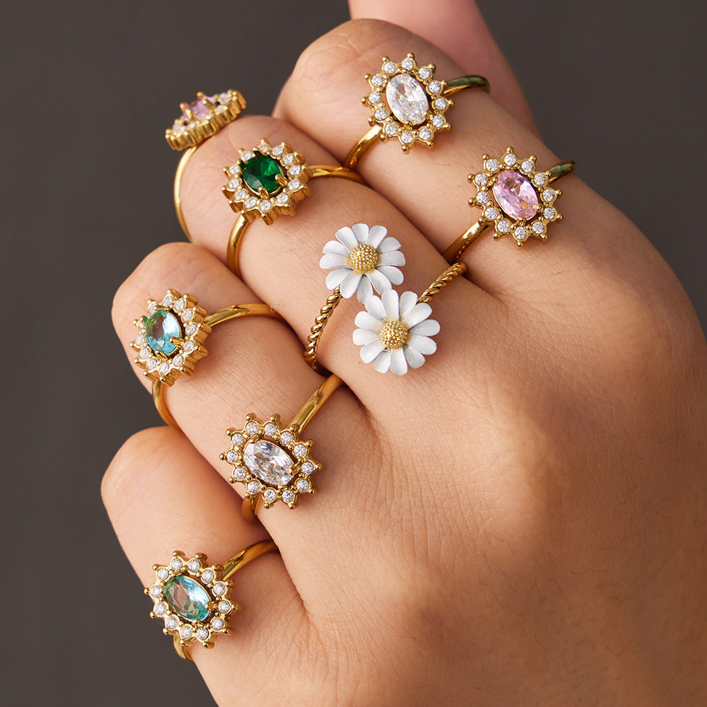 Fashion Stainless Steel Colorful Enamel Flower Open Ring for Women 18K Gold Plated Luxury Jewelry