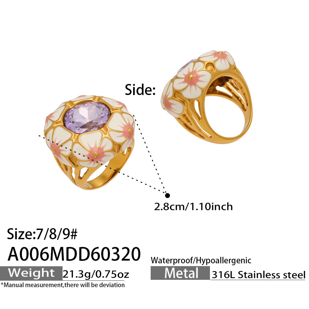 European American Vintage Enamel Flower Ring for Women 18K Gold Plated Stainless Steel CZ Stone  Party Gift
