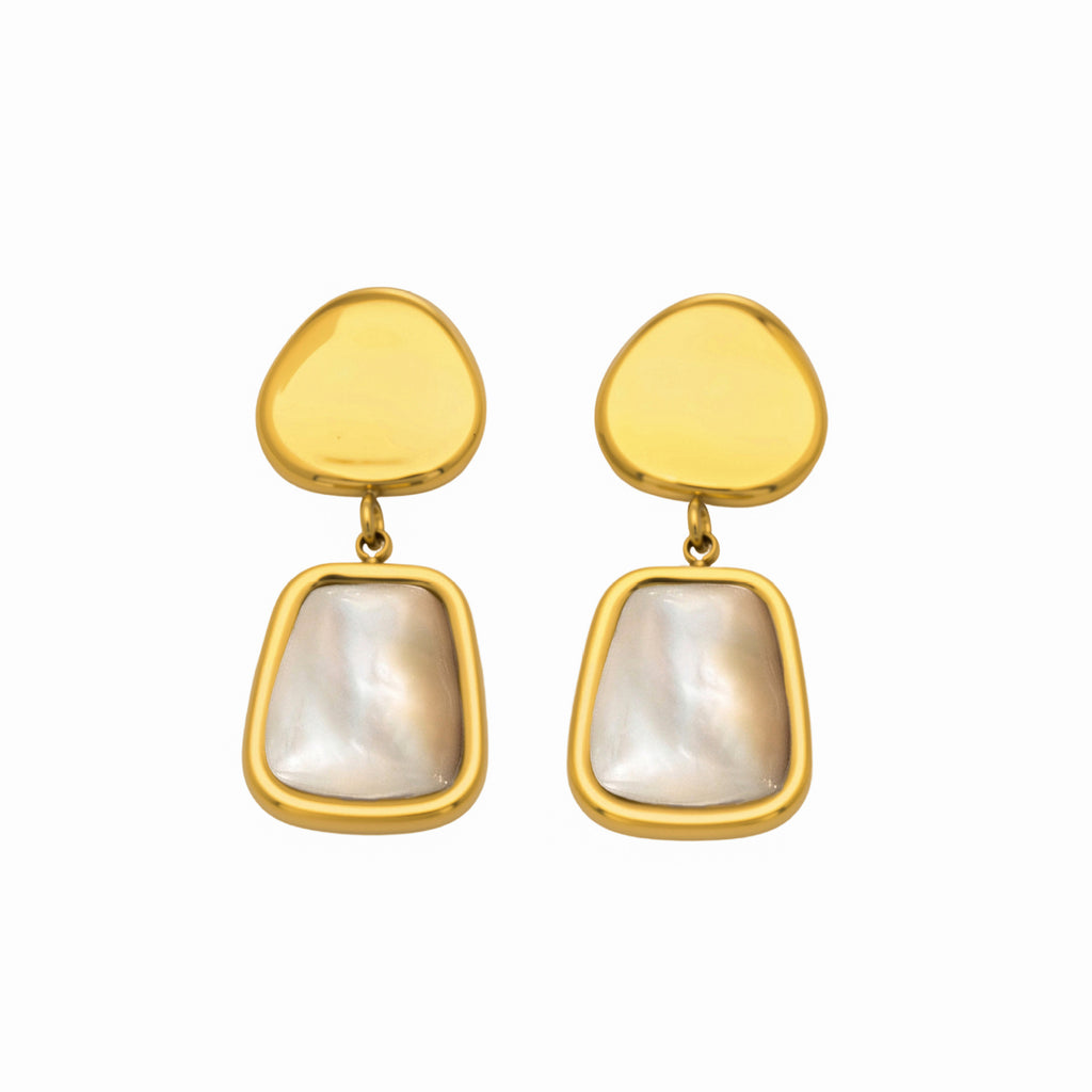 Classic 18K Gold Plated Stainless Steel Earrings White Mother of Pearl Inlay Waterproof Jewelry