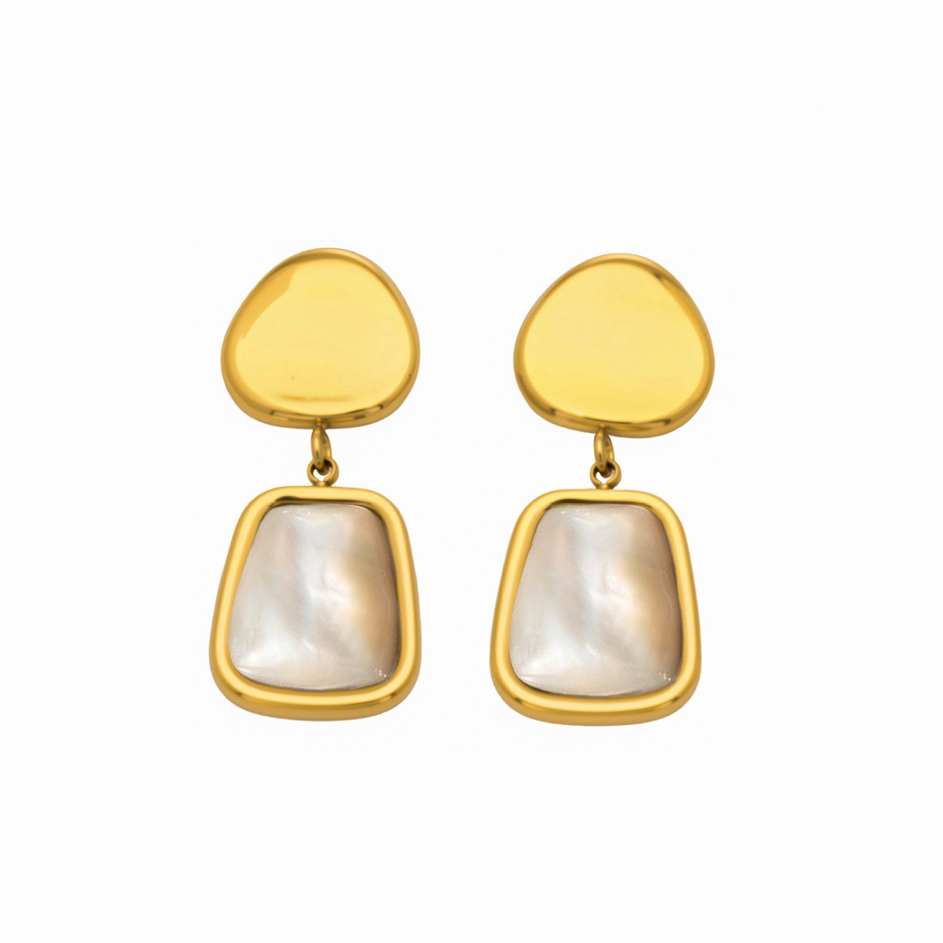 Classic 18K Gold Plated Stainless Steel Earrings White Mother of Pearl Inlay Waterproof Jewelry