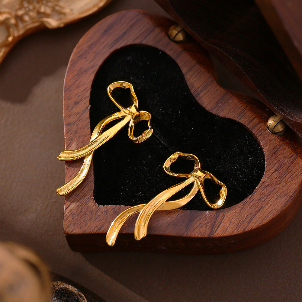 Fashion Chic Wind Ribbon Bow Earrings Niche Sweet Design Titanium Steel Plated 18k Gold Do Not Fade Earrings Female