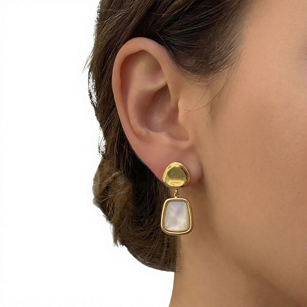Classic 18K Gold Plated Stainless Steel Earrings White Mother of Pearl Inlay Waterproof Jewelry