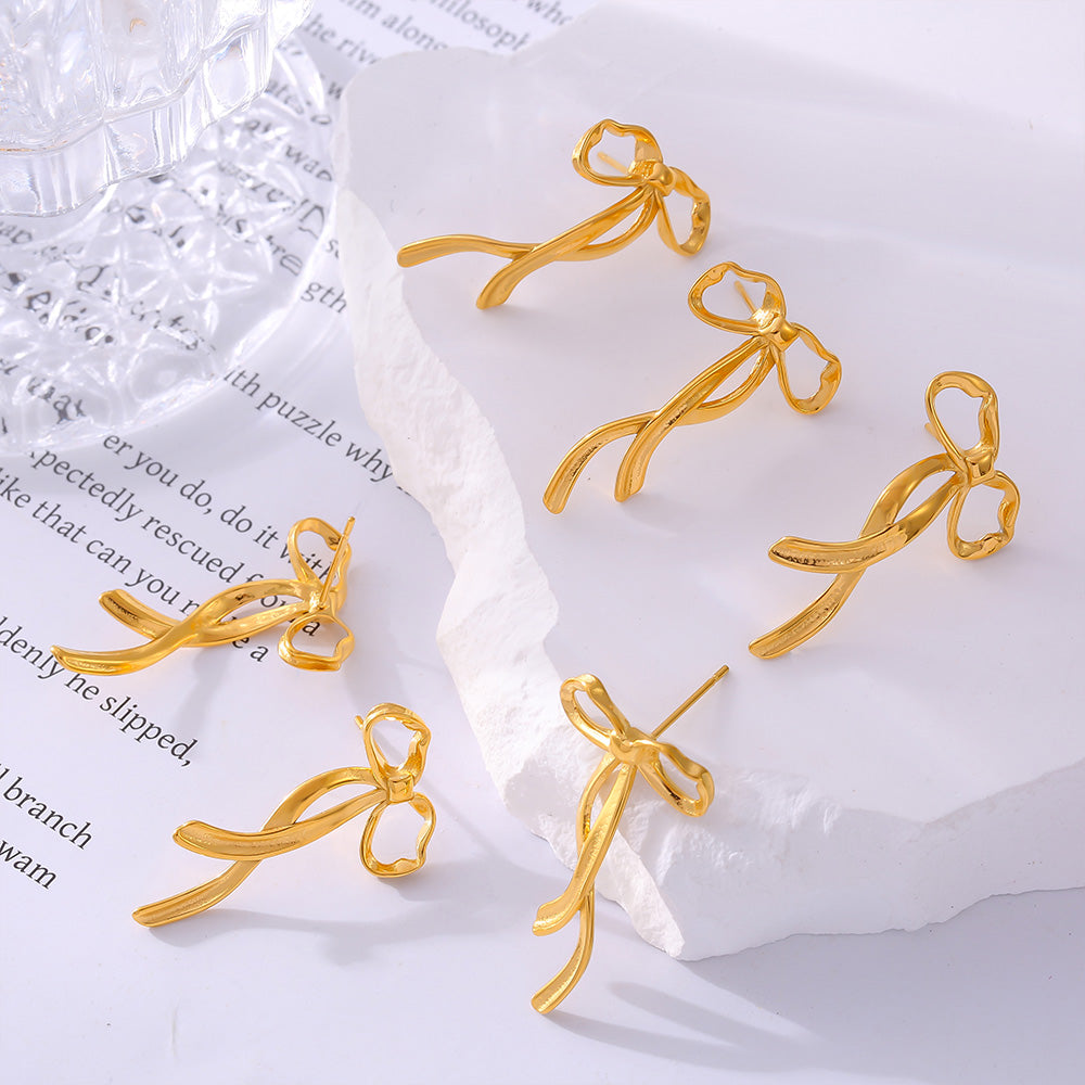 Fashion Chic Wind Ribbon Bow Earrings Niche Sweet Design Titanium Steel Plated 18k Gold Do Not Fade Earrings Female