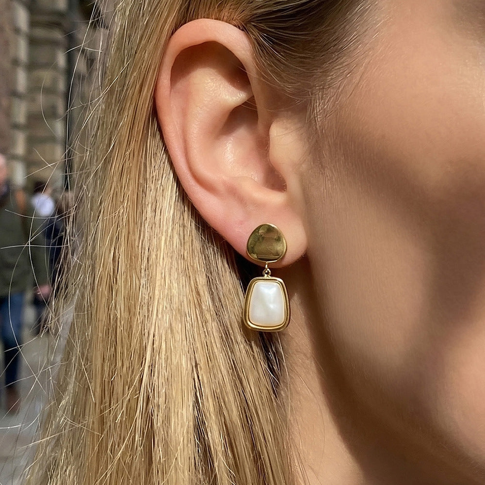Classic 18K Gold Plated Stainless Steel Earrings White Mother of Pearl Inlay Waterproof Jewelry