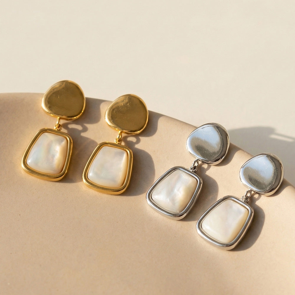 Classic 18K Gold Plated Stainless Steel Earrings White Mother of Pearl Inlay Waterproof Jewelry