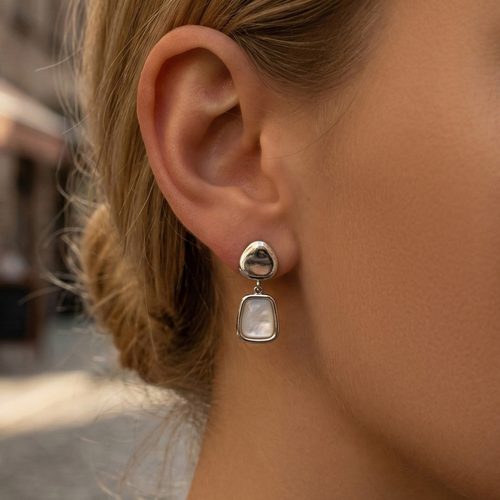 Classic 18K Gold Plated Stainless Steel Earrings White Mother of Pearl Inlay Waterproof Jewelry