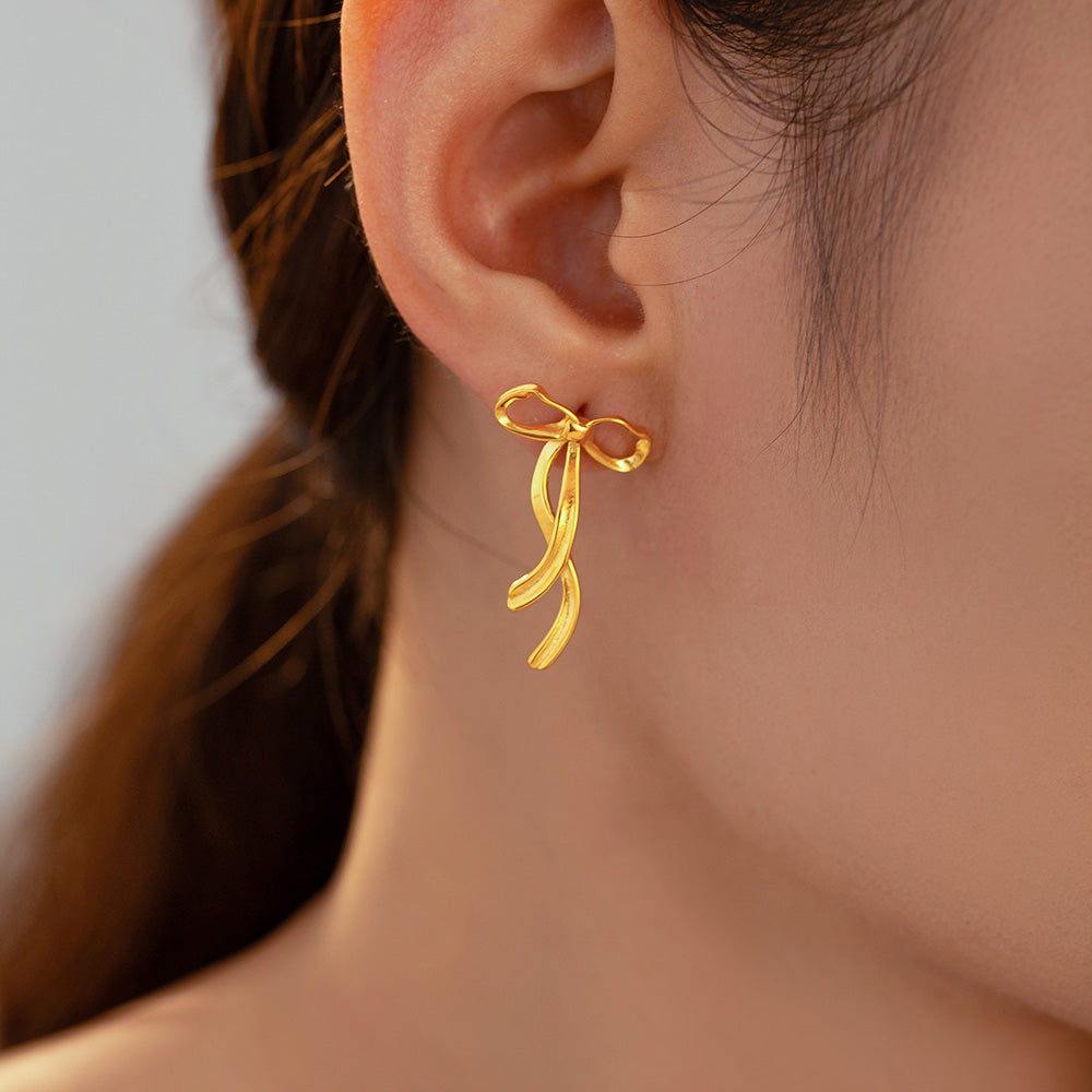 Fashion Chic Wind Ribbon Bow Earrings Niche Sweet Design Titanium Steel Plated 18k Gold Do Not Fade Earrings Female