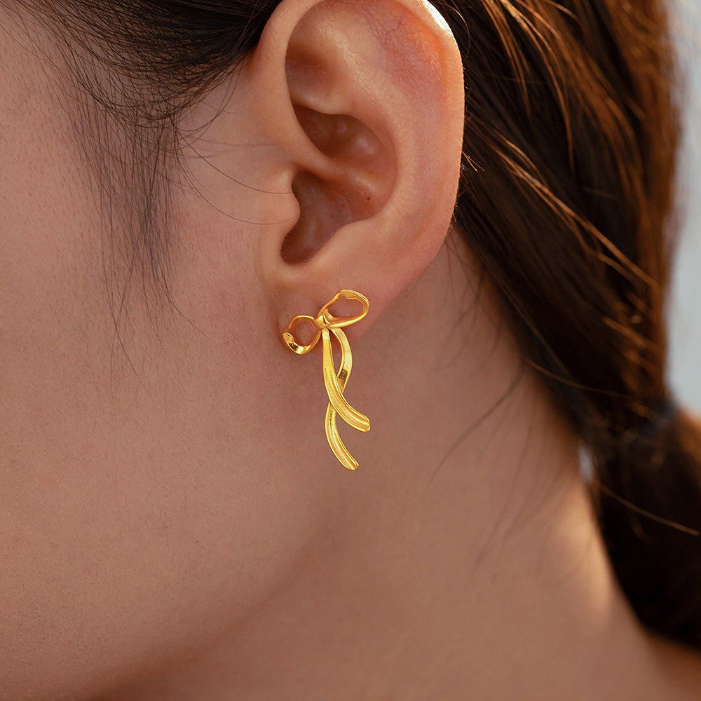 Fashion Chic Wind Ribbon Bow Earrings Niche Sweet Design Titanium Steel Plated 18k Gold Do Not Fade Earrings Female