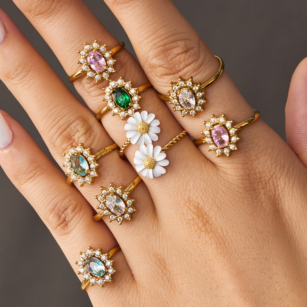 Fashion Stainless Steel Colorful Enamel Flower Open Ring for Women 18K Gold Plated Luxury Jewelry