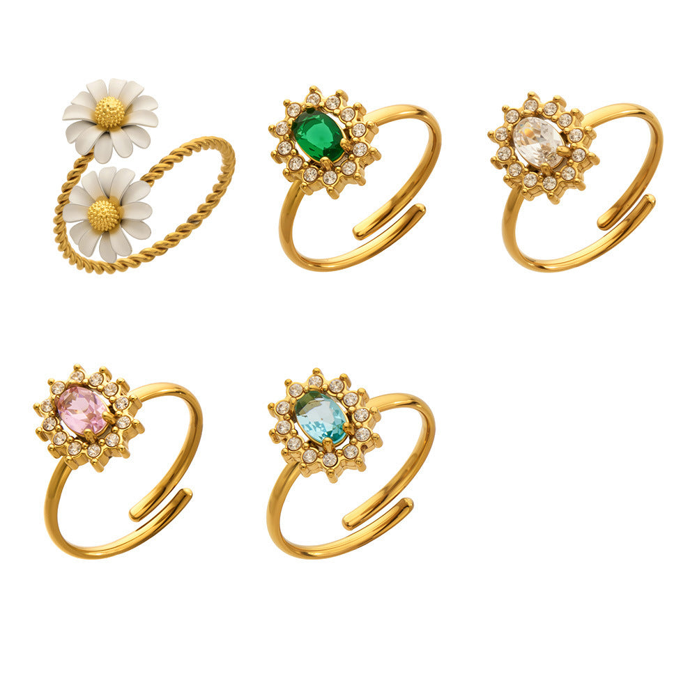 Fashion Stainless Steel Colorful Enamel Flower Open Ring for Women 18K Gold Plated Luxury Jewelry