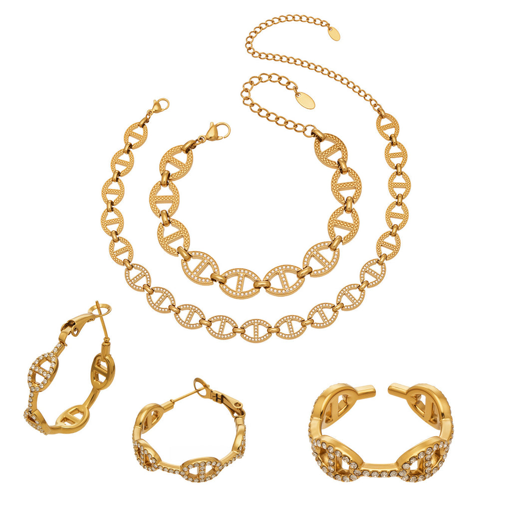 2026 New Arrival Luxury Stainless Steel Rhinestone Jewelry Set for Women Fashion Choker Necklace Bracelet Earring Ring  Set