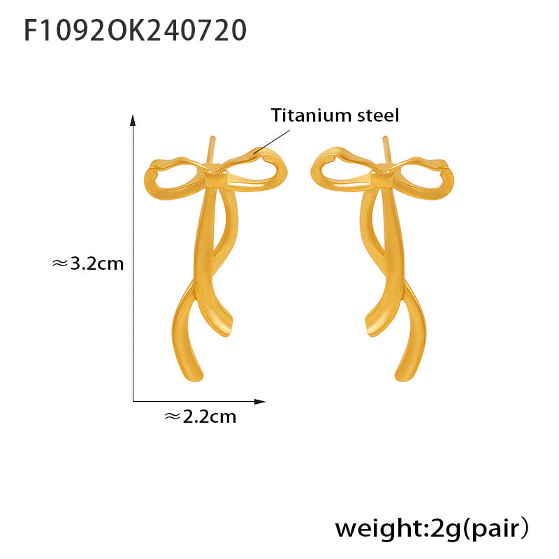 Fashion Chic Wind Ribbon Bow Earrings Niche Sweet Design Titanium Steel Plated 18k Gold Do Not Fade Earrings Female