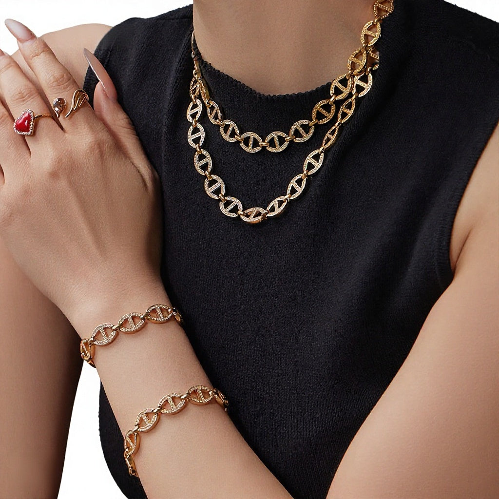 2026 New Arrival Luxury Stainless Steel Rhinestone Jewelry Set for Women Fashion Choker Necklace Bracelet Earring Ring  Set