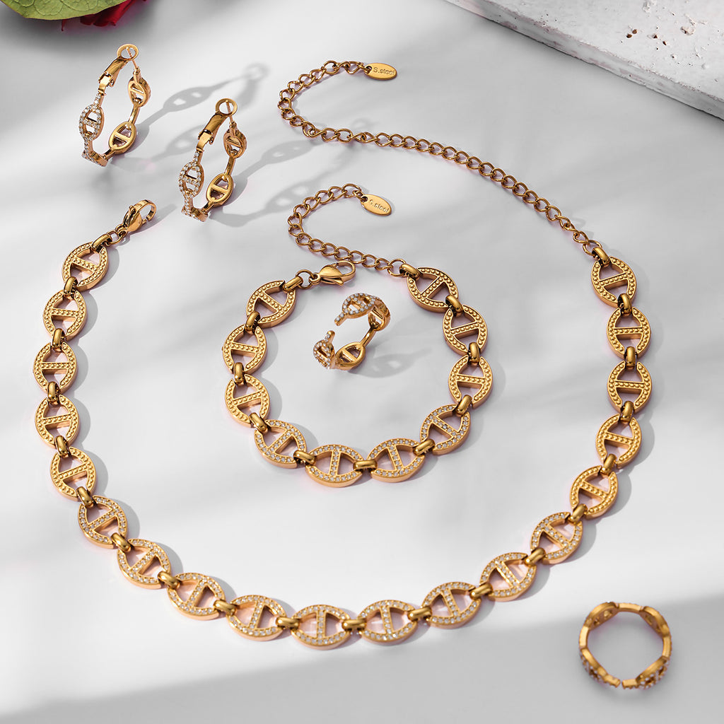 2026 New Arrival Luxury Stainless Steel Rhinestone Jewelry Set for Women Fashion Choker Necklace Bracelet Earring Ring  Set