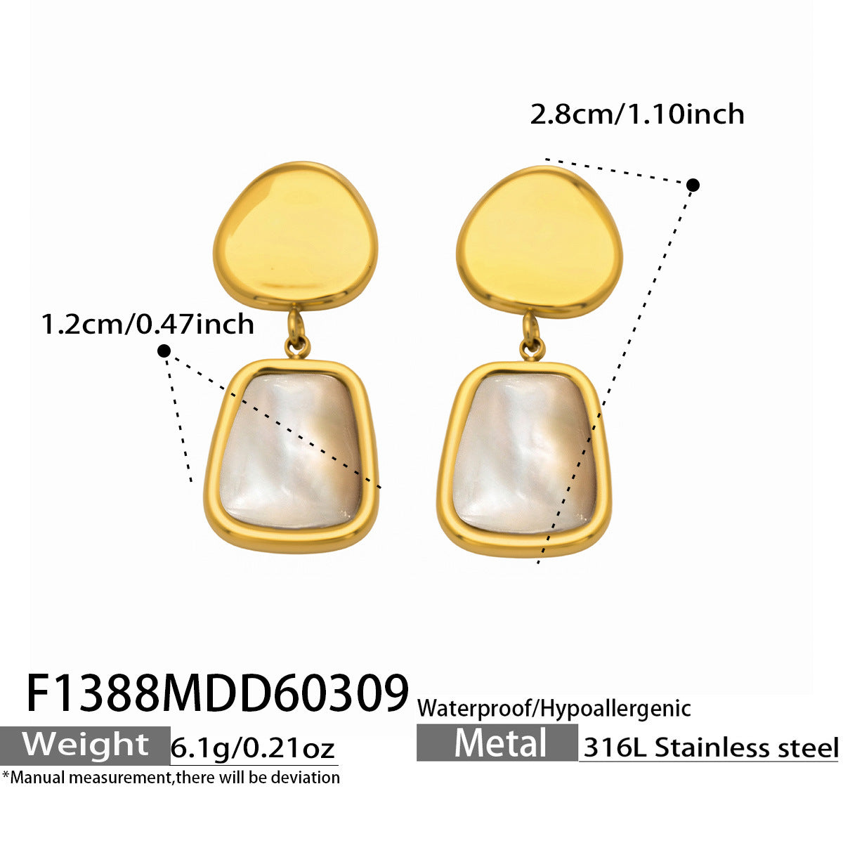 Classic 18K Gold Plated Stainless Steel Earrings White Mother of Pearl Inlay Waterproof Jewelry