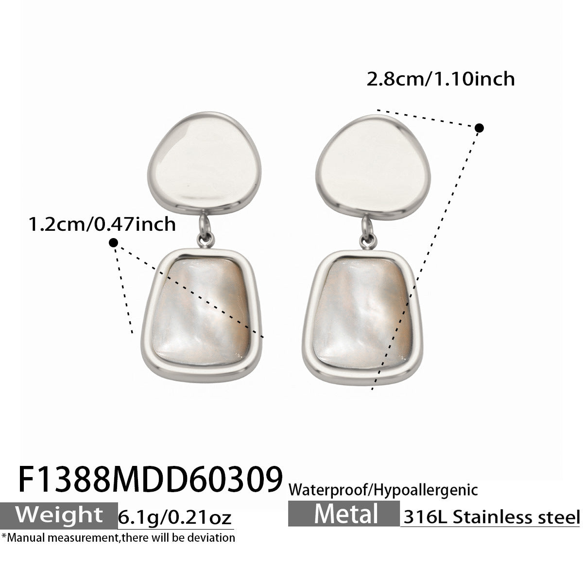 Classic 18K Gold Plated Stainless Steel Earrings White Mother of Pearl Inlay Waterproof Jewelry