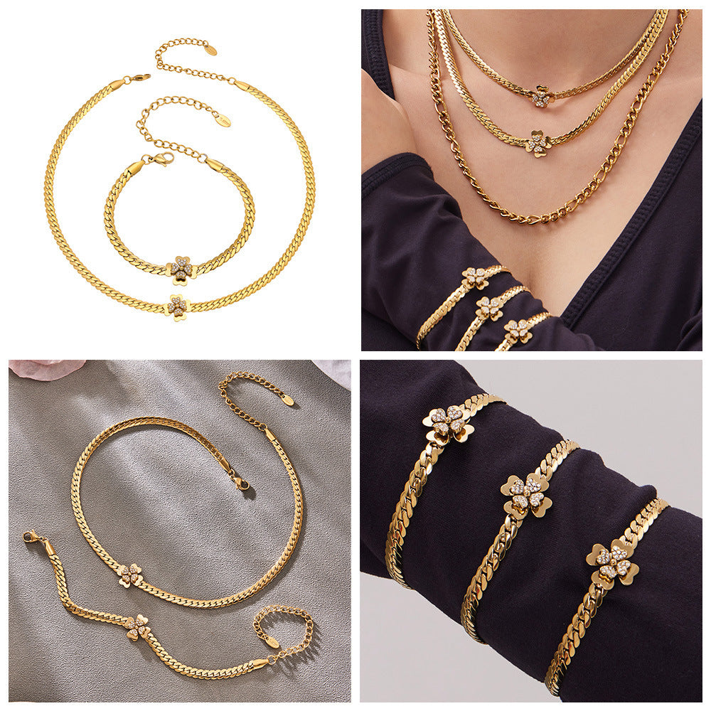 Fashion Luxury 5A CZ Flower Jewelry Set for Women Double Layer Necklace Bracelet