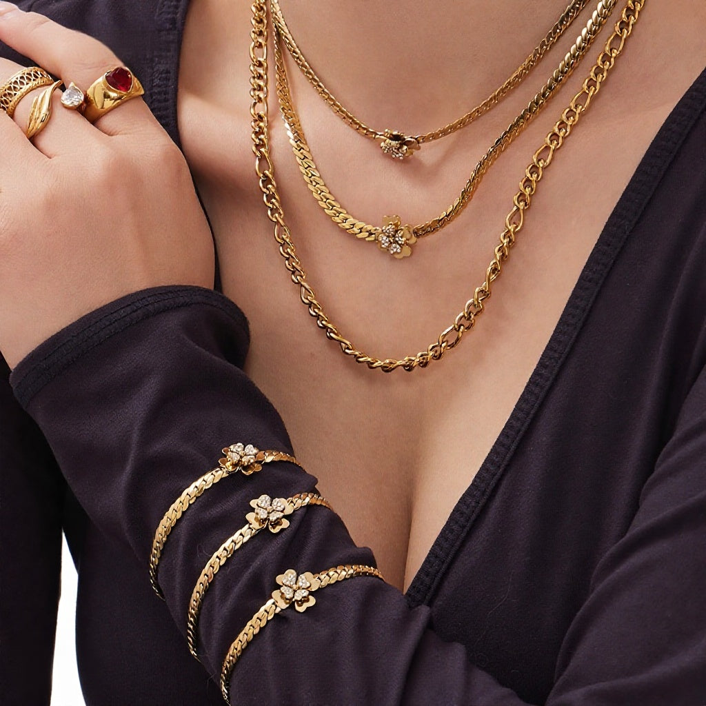 Fashion Luxury 5A CZ Flower Jewelry Set for Women Double Layer Necklace Bracelet