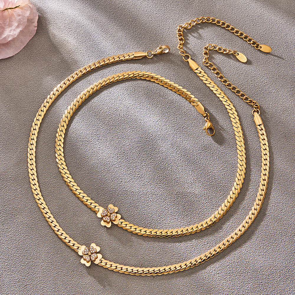 Fashion Luxury 5A CZ Flower Jewelry Set for Women Double Layer Necklace Bracelet
