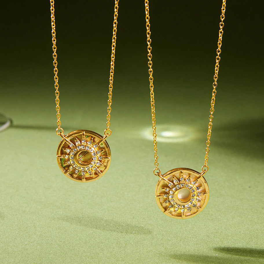 Summer Jewelry Stainless Steel Shell Paved Sun Pendent Necklace for Women Waterproof Zircon Necklace