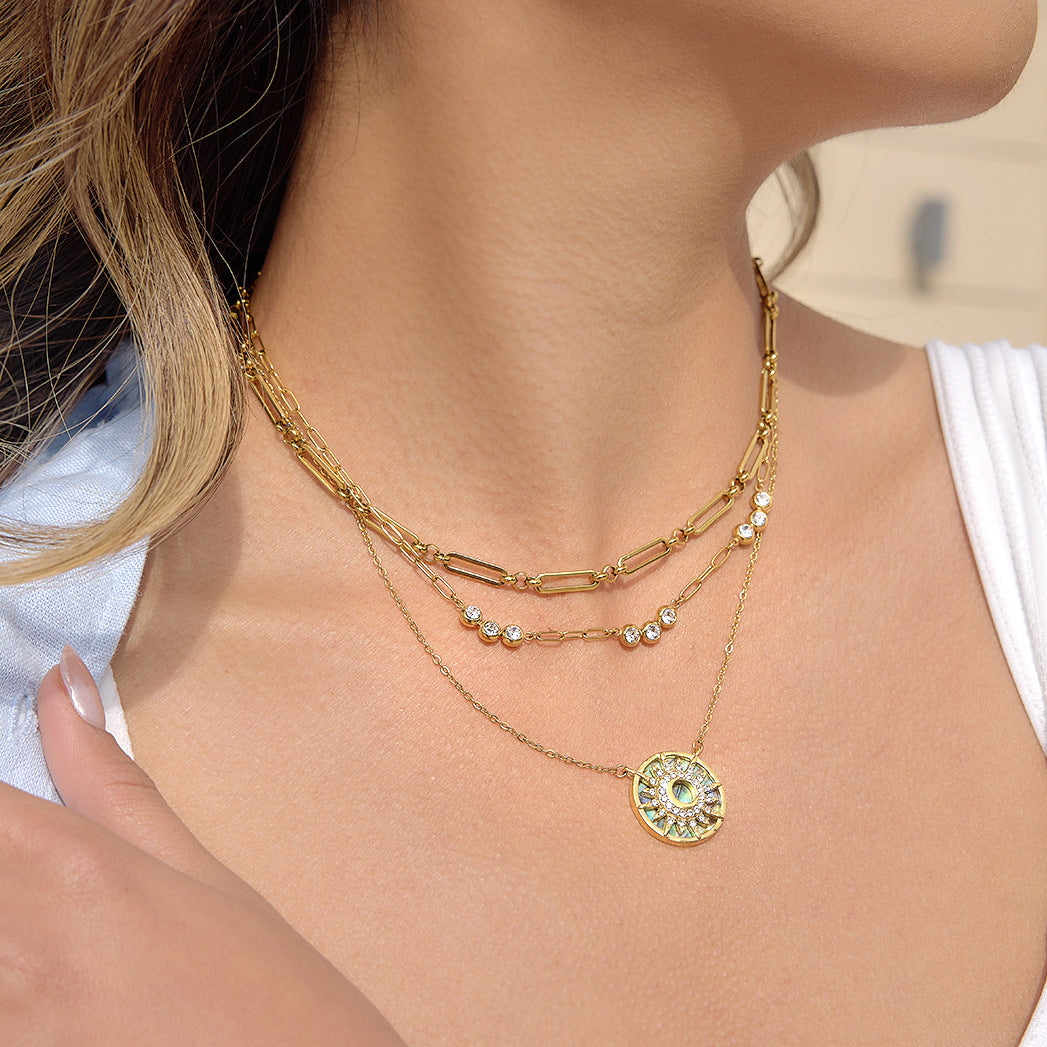 Summer Jewelry Stainless Steel Shell Paved Sun Pendent Necklace for Women Waterproof Zircon Necklace