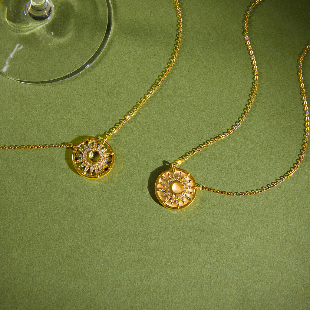 Summer Jewelry Stainless Steel Shell Paved Sun Pendent Necklace for Women Waterproof Zircon Necklace