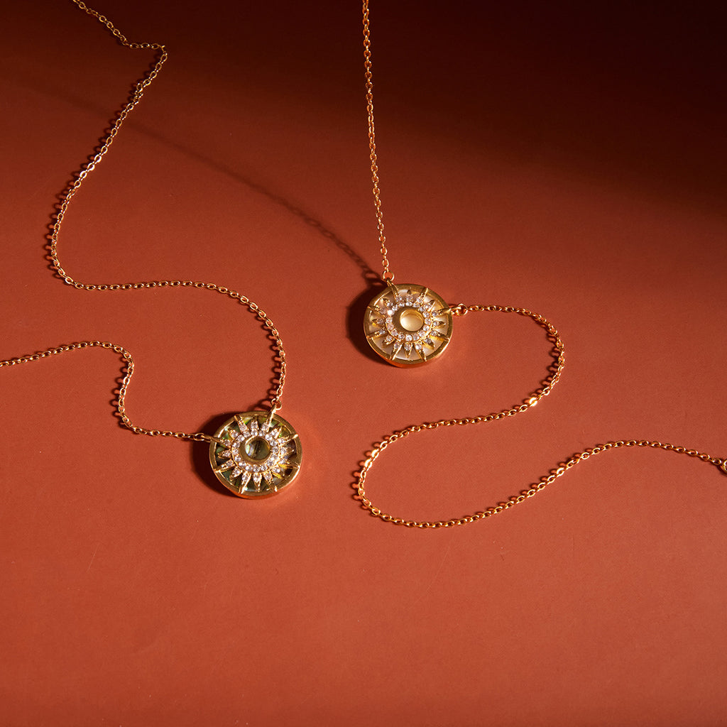 Summer Jewelry Stainless Steel Shell Paved Sun Pendent Necklace for Women Waterproof Zircon Necklace