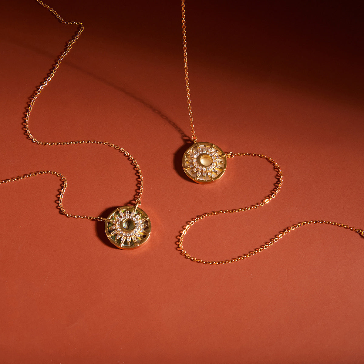 Summer Jewelry Stainless Steel Shell Paved Sun Pendent Necklace for Women Waterproof Zircon Necklace