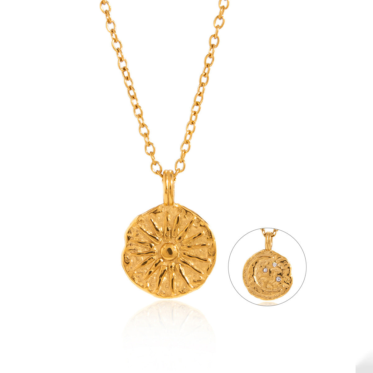 Summer Jewelry Double-Sided Pattern Sun Moon Coin Pendant Necklace Stainless Steel Necklace Jewelry Women Zircon Charm Necklace