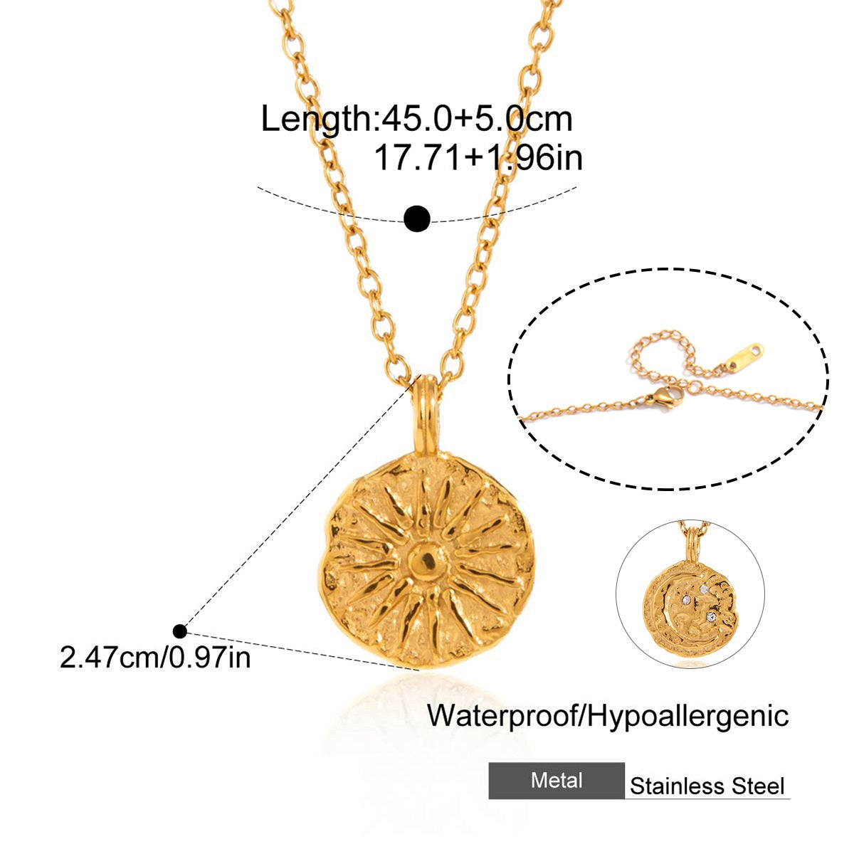 Summer Jewelry Double-Sided Pattern Sun Moon Coin Pendant Necklace Stainless Steel Necklace Jewelry Women Zircon Charm Necklace