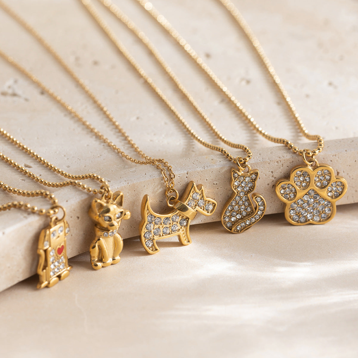 Fashion Pendant Necklaces Animal Necklace Cute Cat Dog Bone Zircon Pendant Necklace 18k Gold Plated 316l Stainless Steel Jewelry