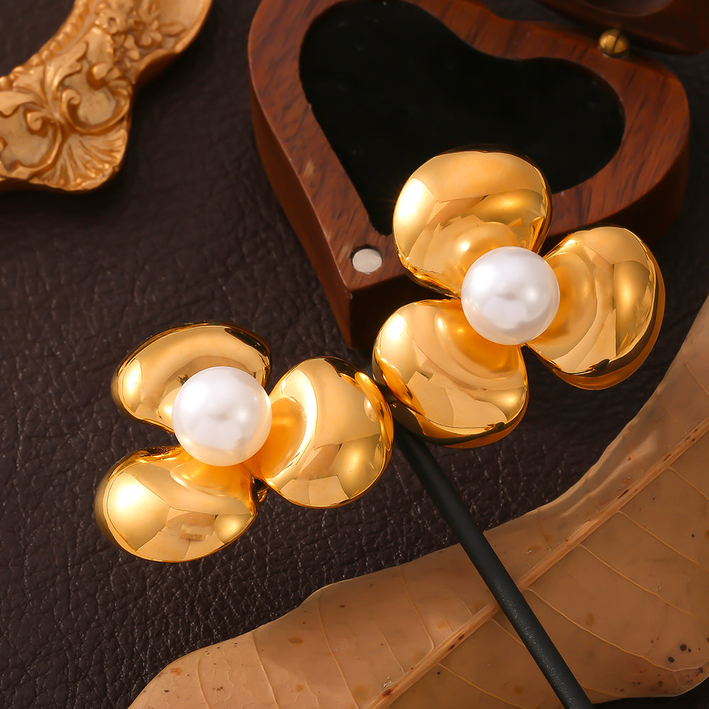 Fashion  Flower Set with Imitation Pearl Ring Earrings Fashion Style Stainless Steel Gold Plated Jewelry Set