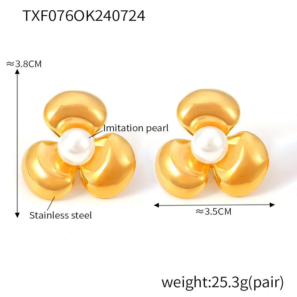 Fashion  Flower Set with Imitation Pearl Ring Earrings Fashion Style Stainless Steel Gold Plated Jewelry Set