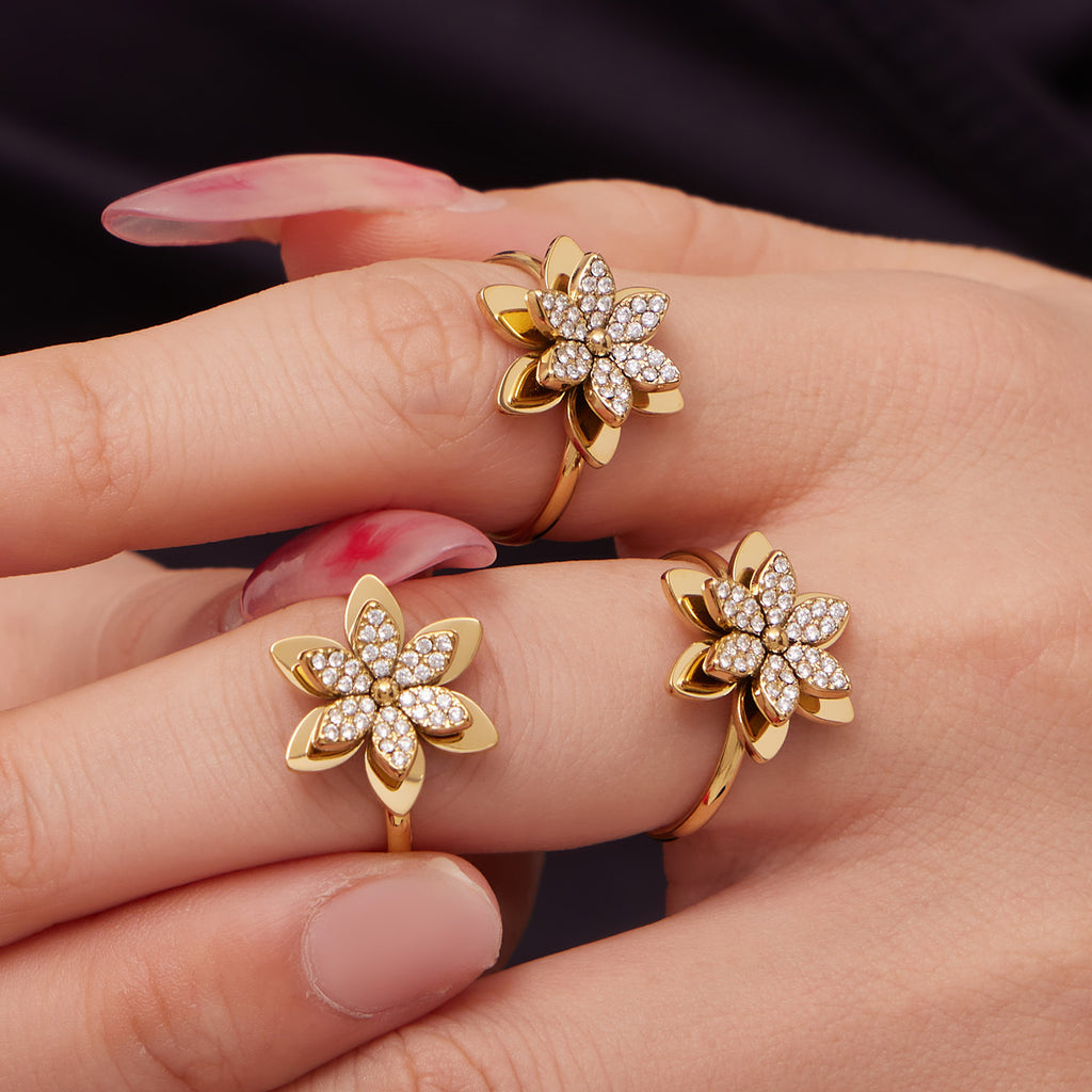 Fashion Elegant 3D Lily Flower Cubic Zirconia Jewelry Suite in Premium Stainless Steel Complete 4-Piece Set for Women