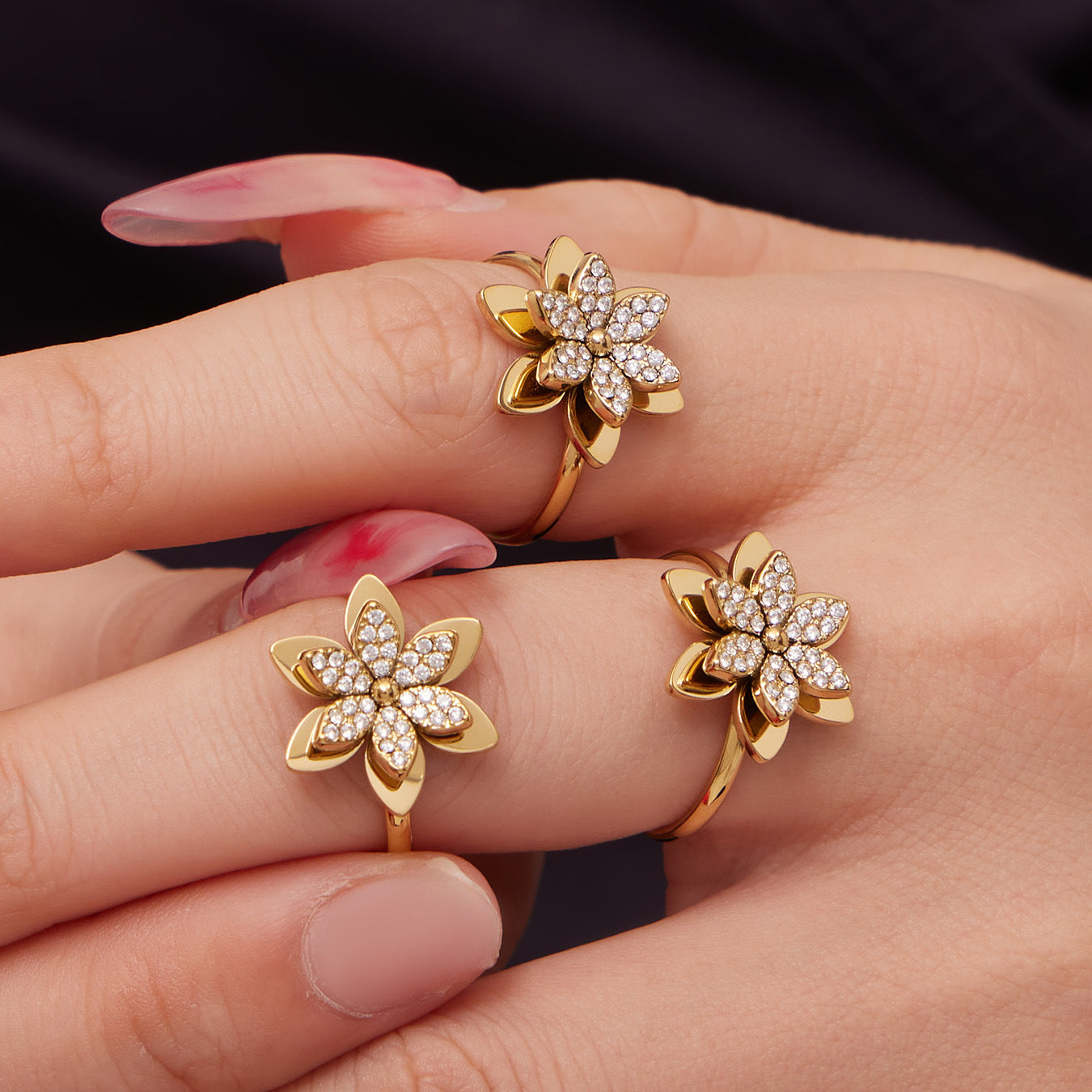 Fashion Elegant 3D Lily Flower Cubic Zirconia Jewelry Suite in Premium Stainless Steel Complete 4-Piece Set for Women
