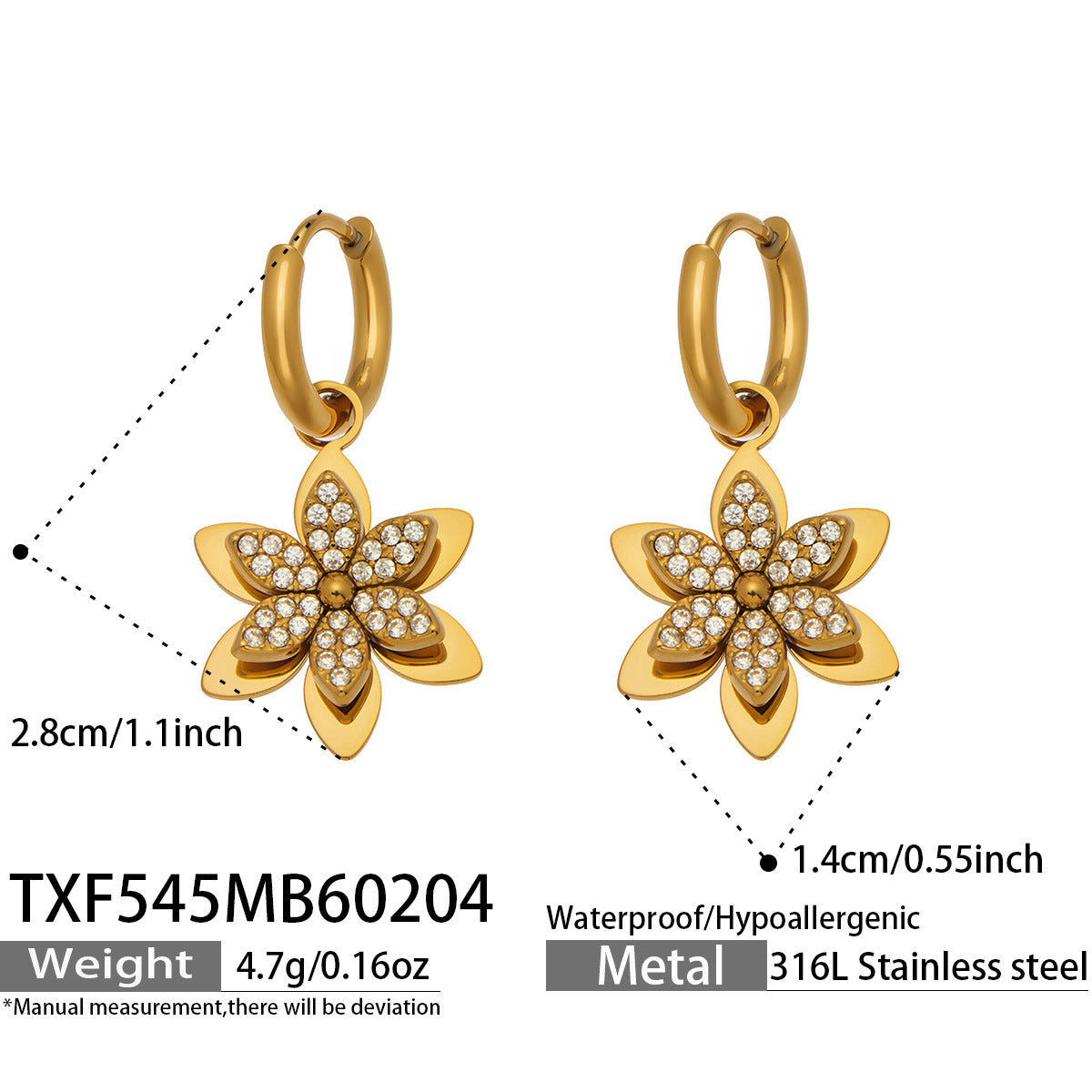 Fashion Elegant 3D Lily Flower Cubic Zirconia Jewelry Suite in Premium Stainless Steel Complete 4-Piece Set for Women