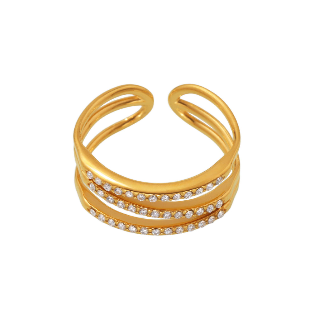 Mili Stainless Steel Three-layer Line Hollowed Index Finger Ring Inlaid Zircon Simple All-match Unisex Plated 18K Gold