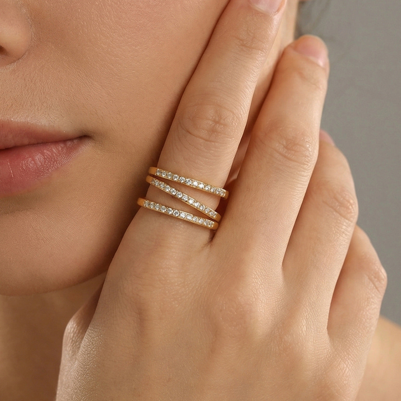 Mili Stainless Steel Three-layer Line Hollowed Index Finger Ring Inlaid Zircon Simple All-match Unisex Plated 18K Gold