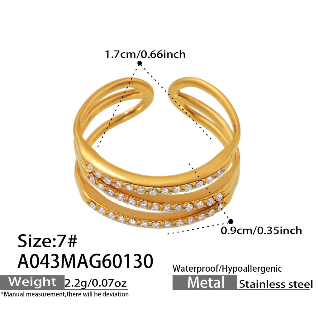 Mili Stainless Steel Three-layer Line Hollowed Index Finger Ring Inlaid Zircon Simple All-match Unisex Plated 18K Gold
