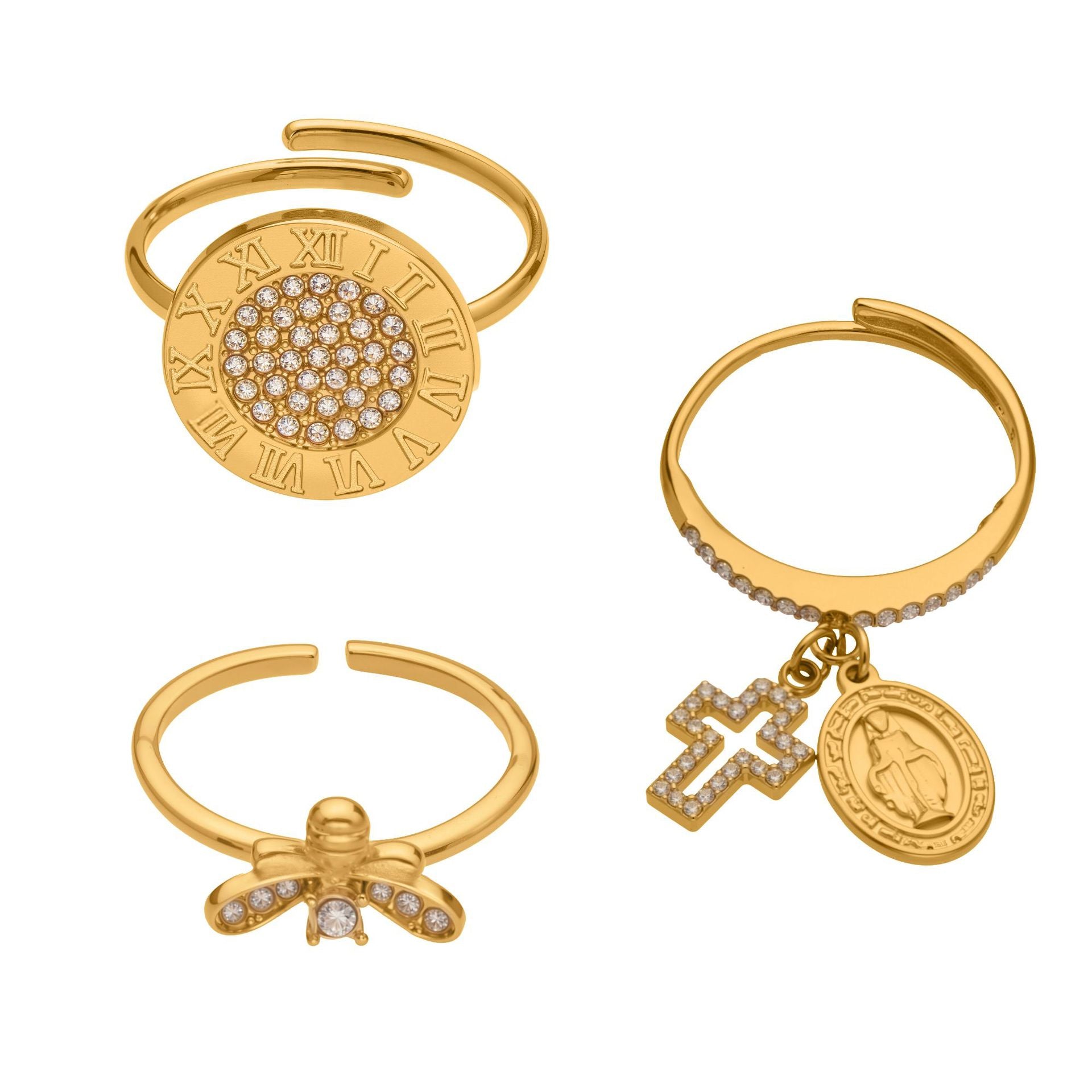 Fashion Cross-Border Stainless Steel Zircon Inlaid Open Ring Set PVD Plated 18K Gold Unisex Fashion Simple Pinky Tail Ring