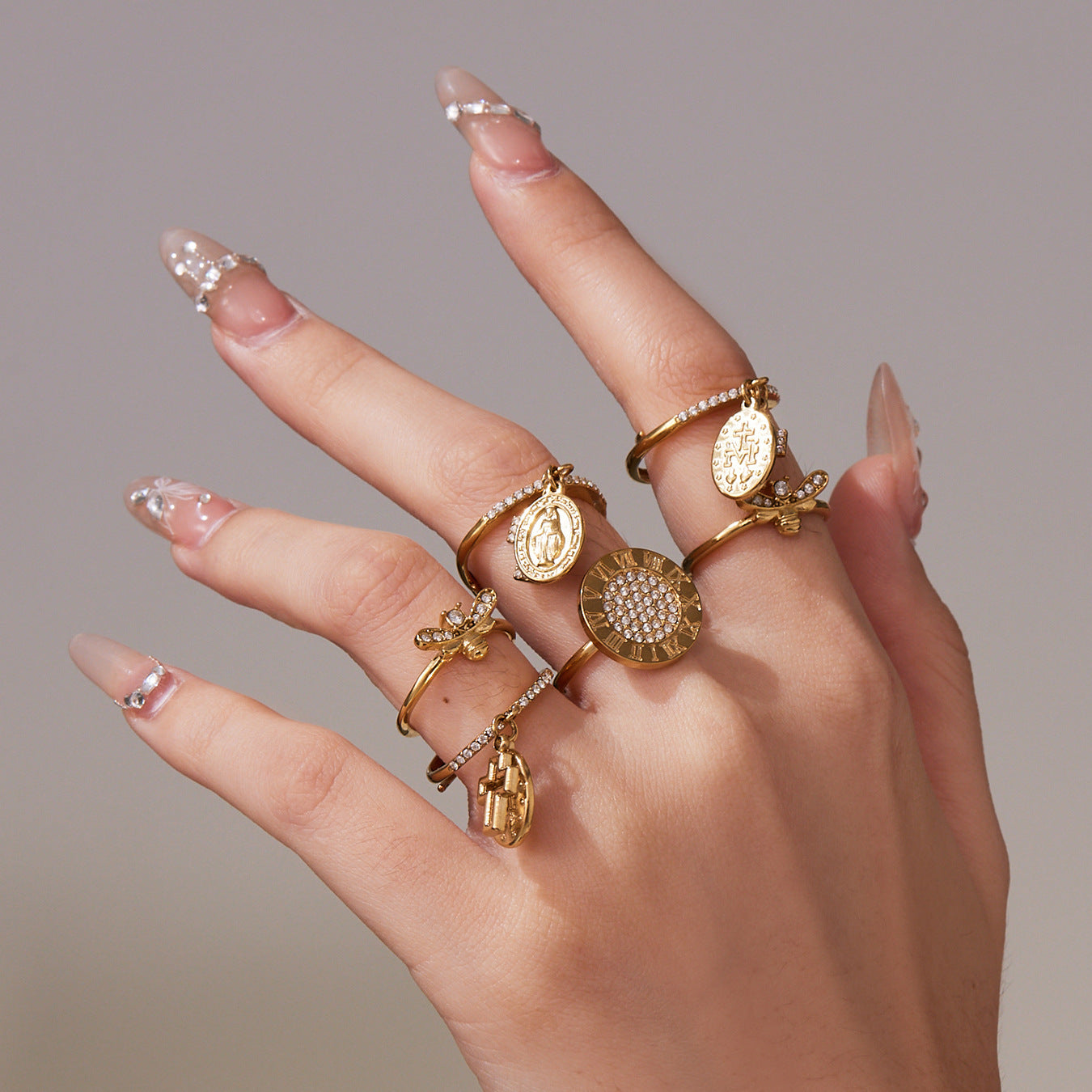 Fashion Cross-Border Stainless Steel Zircon Inlaid Open Ring Set PVD Plated 18K Gold Unisex Fashion Simple Pinky Tail Ring