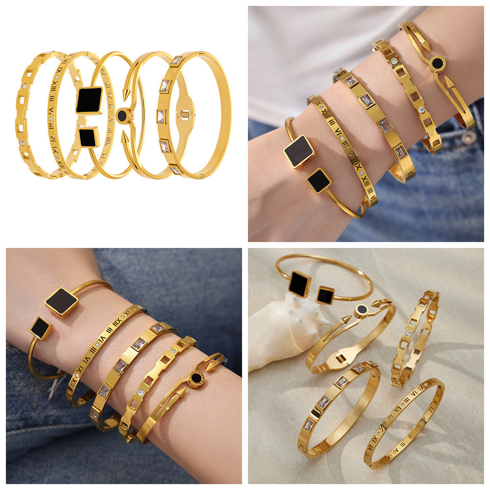 Fashion Stainless Steel Roman Numeral Zircon Bracelet for Women Minimalist Luxury Cubic Zirconia Bangle with Secure Clasp