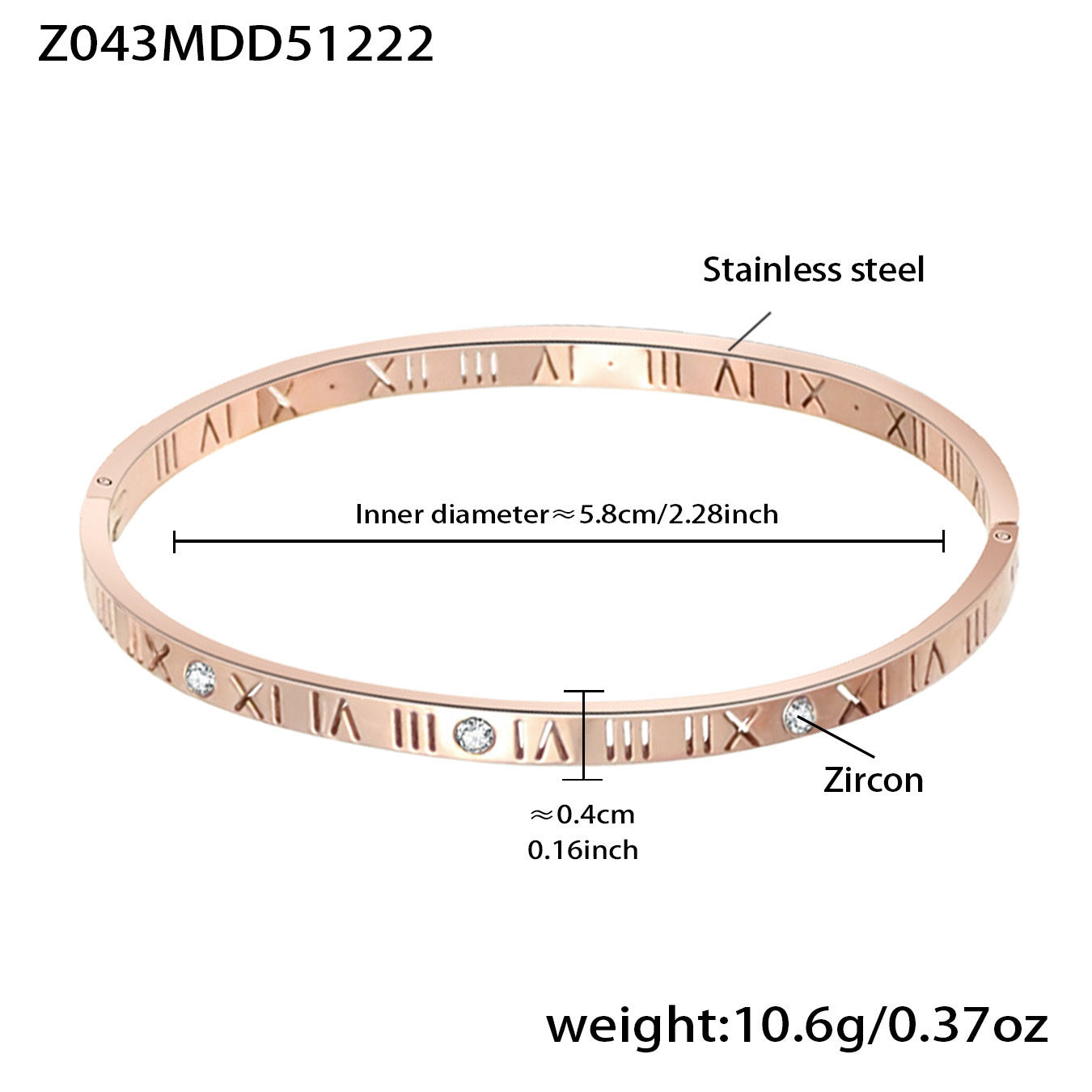 Fashion Stainless Steel Roman Numeral Zircon Bracelet for Women Minimalist Luxury Cubic Zirconia Bangle with Secure Clasp