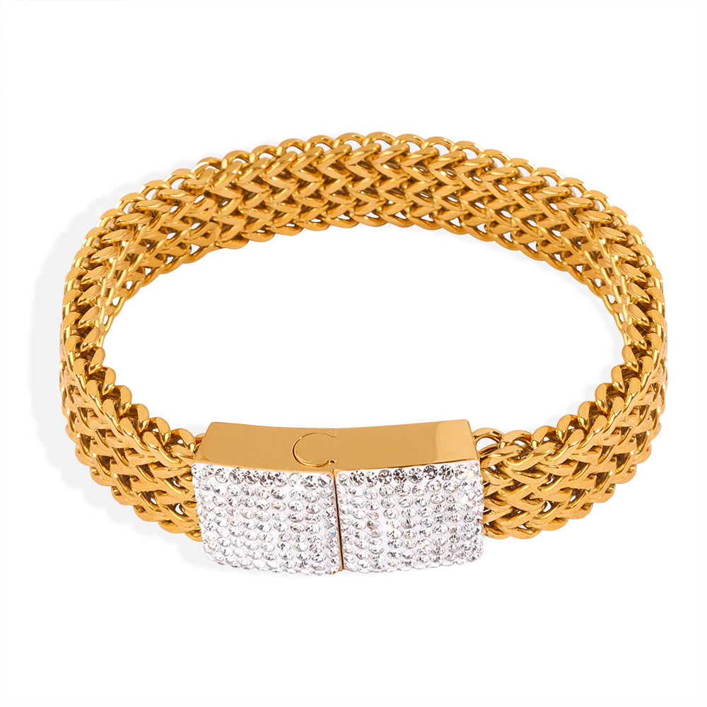 New Cross-border Style New Design Fashionable Wide Titanium Steel Gold-plated Diamond Watch Chain Jewelry Bracelet  Wholesale