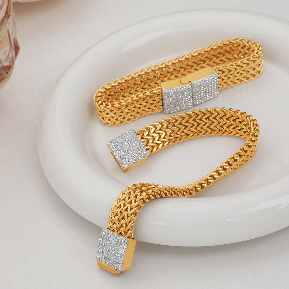 New Cross-border Style New Design Fashionable Wide Titanium Steel Gold-plated Diamond Watch Chain Jewelry Bracelet  Wholesale