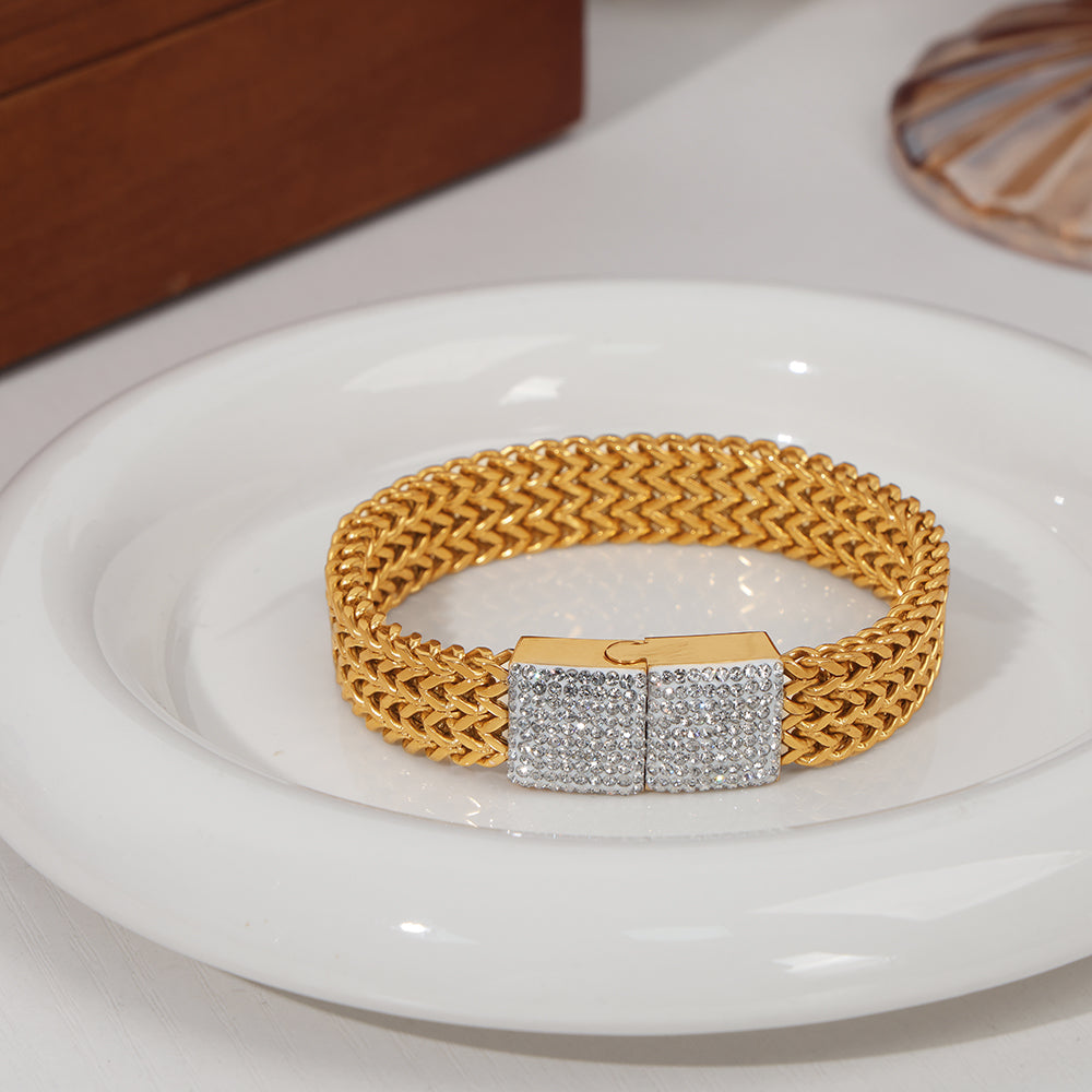 New Cross-border Style New Design Fashionable Wide Titanium Steel Gold-plated Diamond Watch Chain Jewelry Bracelet  Wholesale